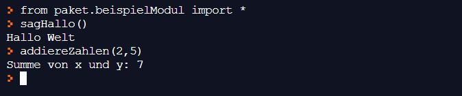 Python import mit der Sternchen-Funktion um alle Funktionen eines Moduls, welches in einem Paket liegt, zu importieren.